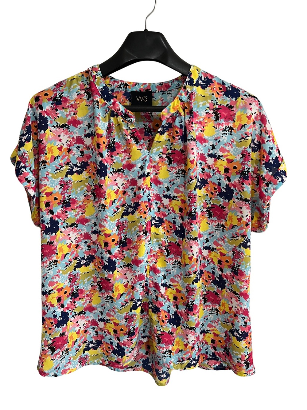 W5 Anthropologie Top Womens XL Pink Blue Printed V‎ Neck Sheer Blouse Casual